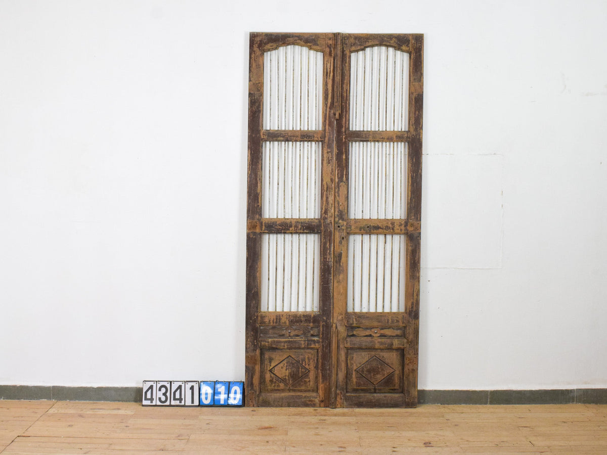 Pair of XL Antique Vintage Indian Wooden Iron Jali Doors Shutters