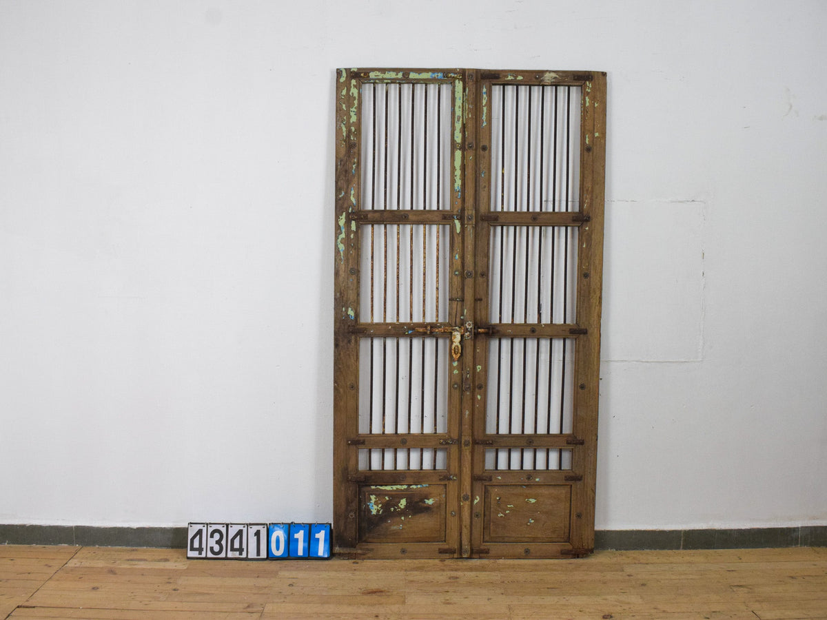 Pair of XL Antique Vintage Indian Wooden Iron Jali Doors Shutters