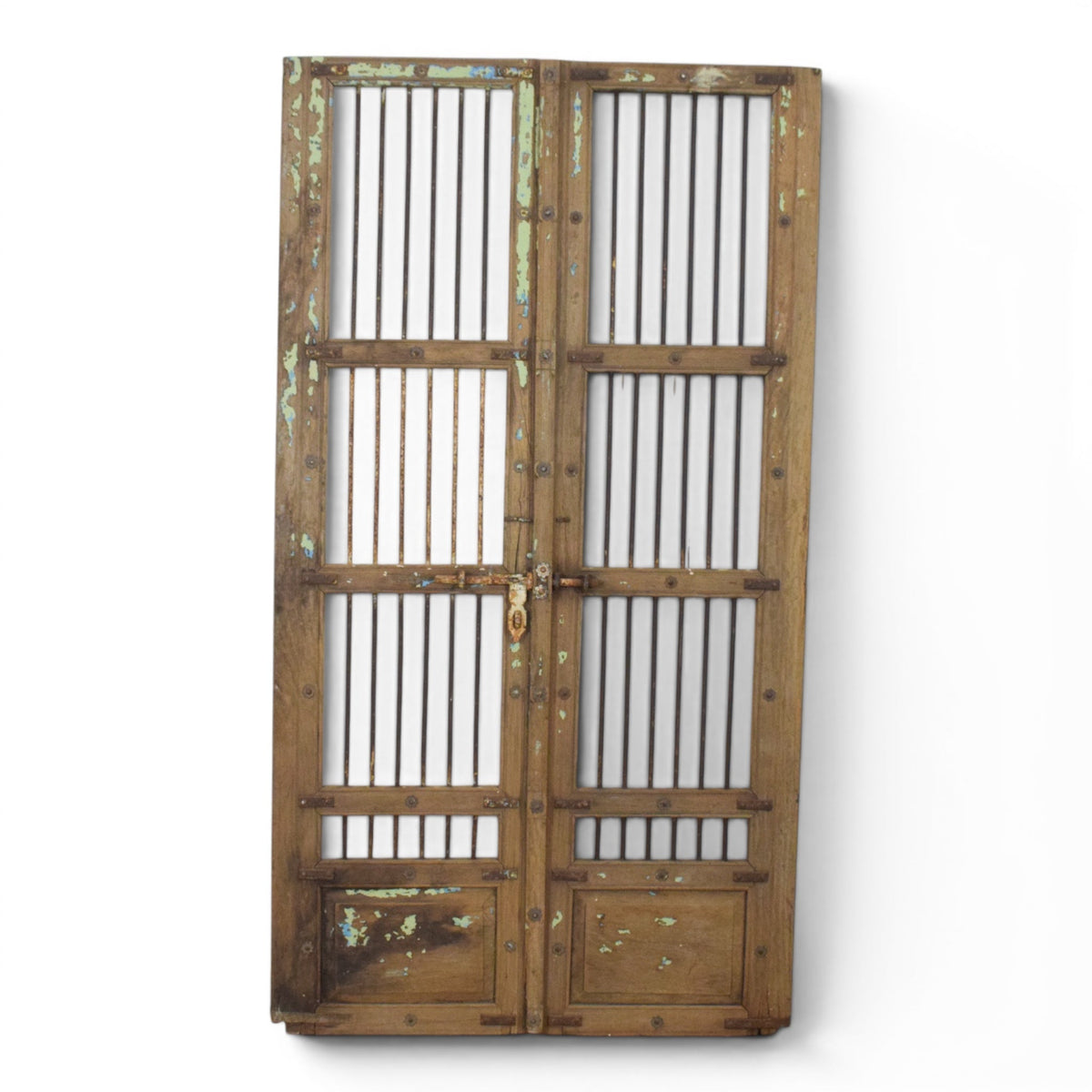 Pair of XL Antique Vintage Indian Wooden Iron Jali Doors Shutters