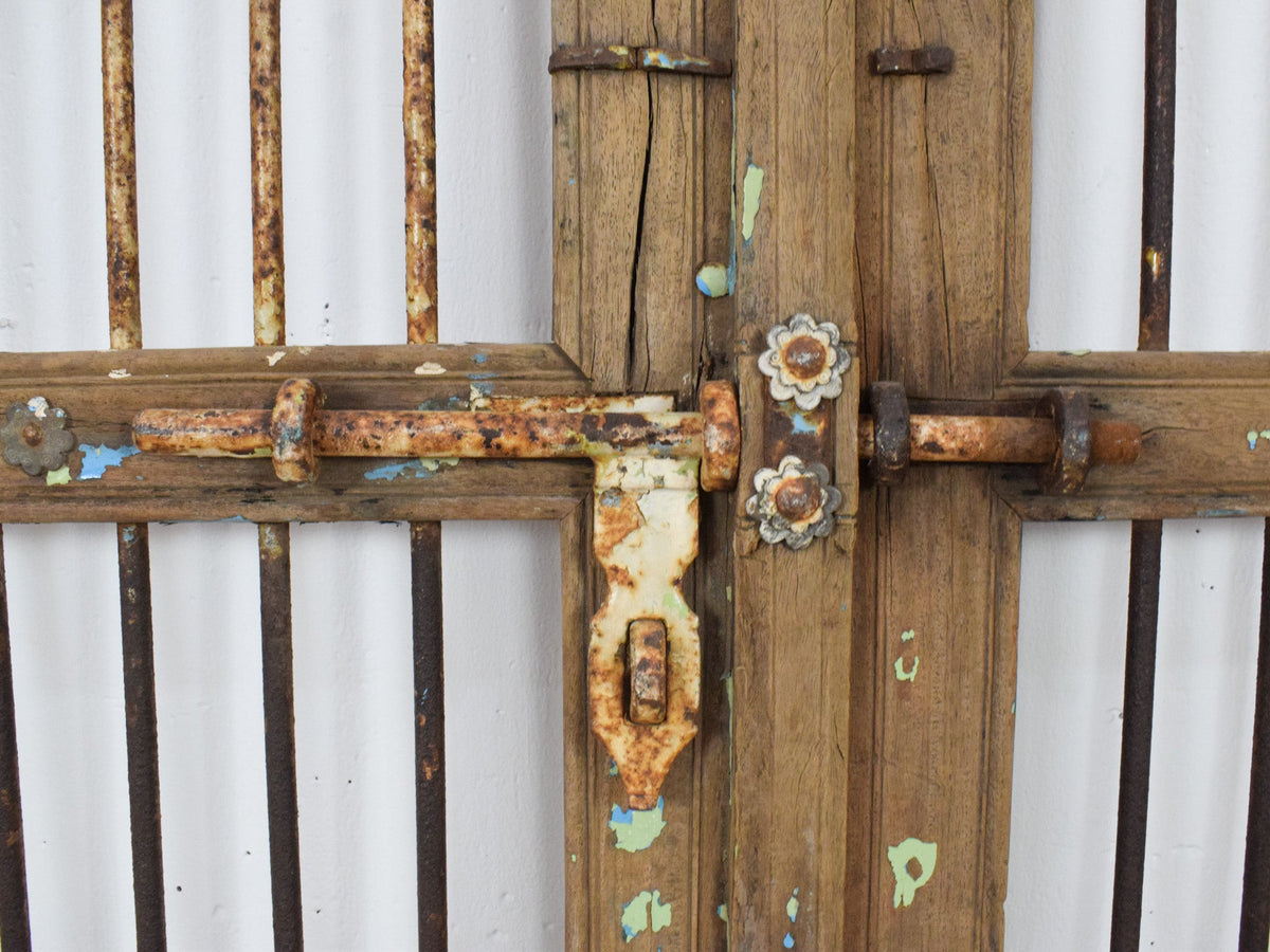 Pair of XL Antique Vintage Indian Wooden Iron Jali Doors Shutters