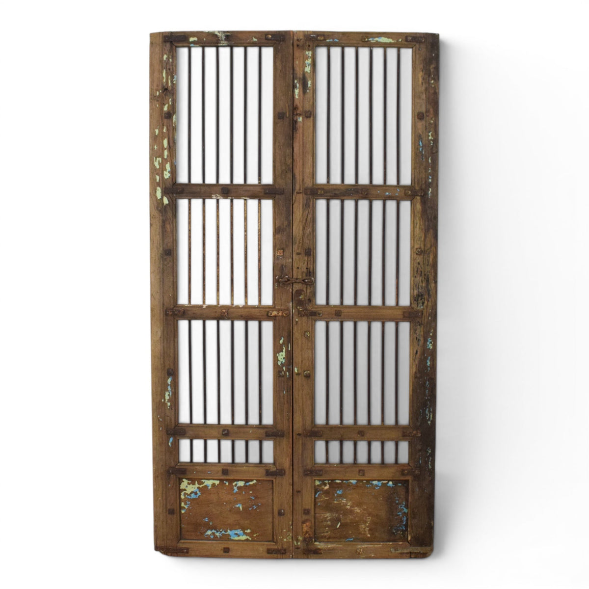 Pair of XL Antique Vintage Indian Wooden Iron Jali Doors Shutters