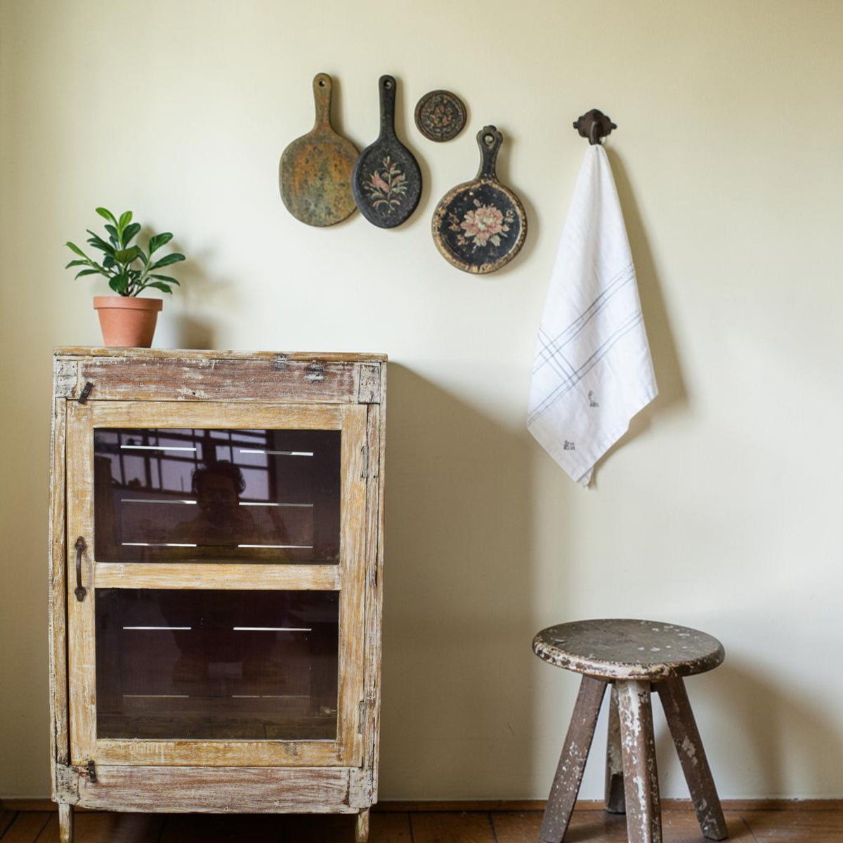 Vintage Worn Painted Rustic Cupboard Cabinet