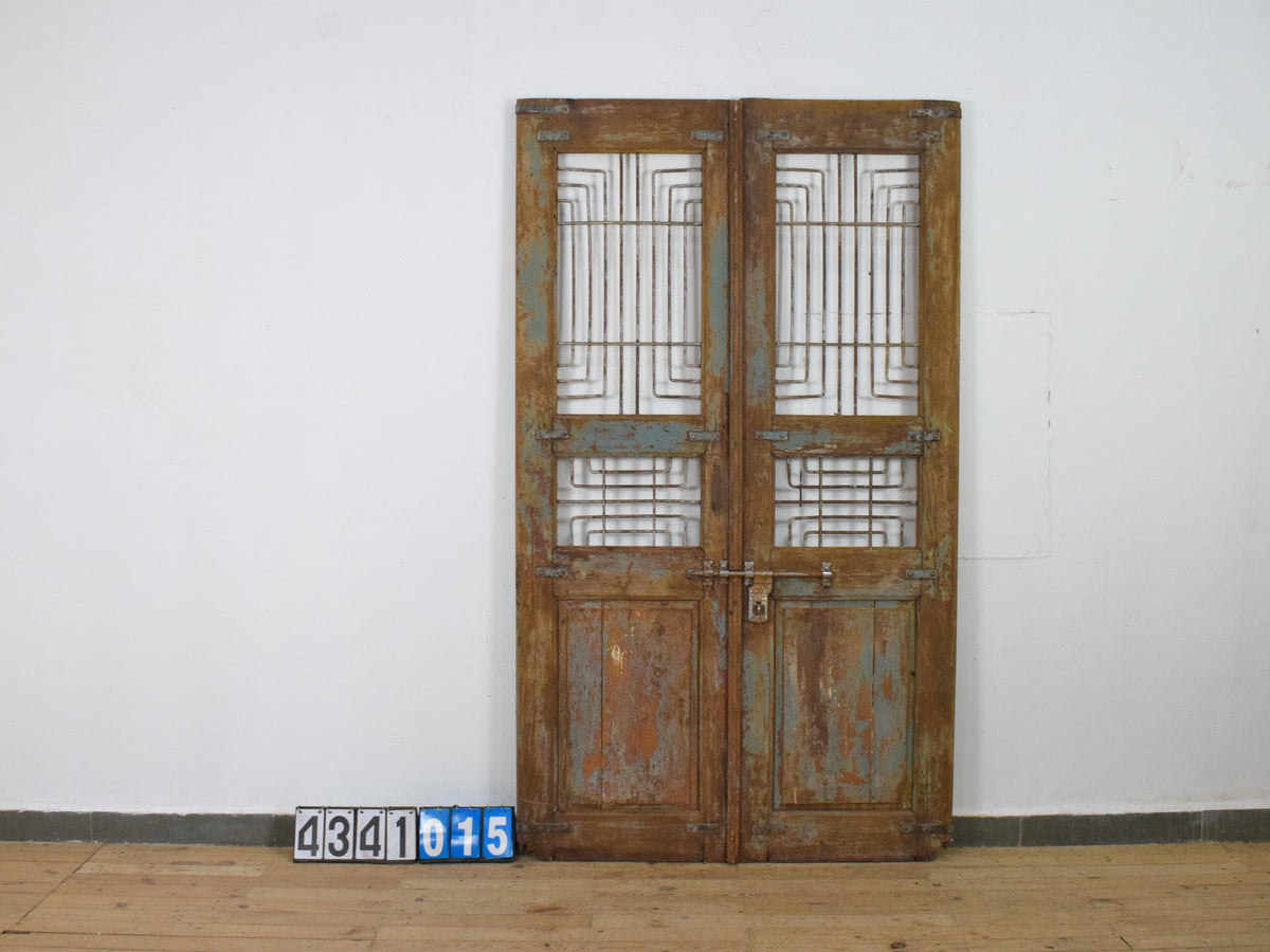 Pair of XL Antique Vintage Indian Wooden Iron Jali Doors Shutters