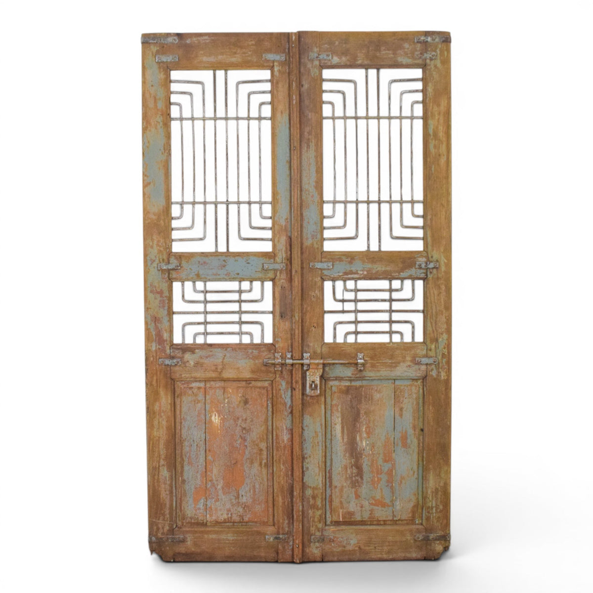 Pair of XL Antique Vintage Indian Wooden Iron Jali Doors Shutters