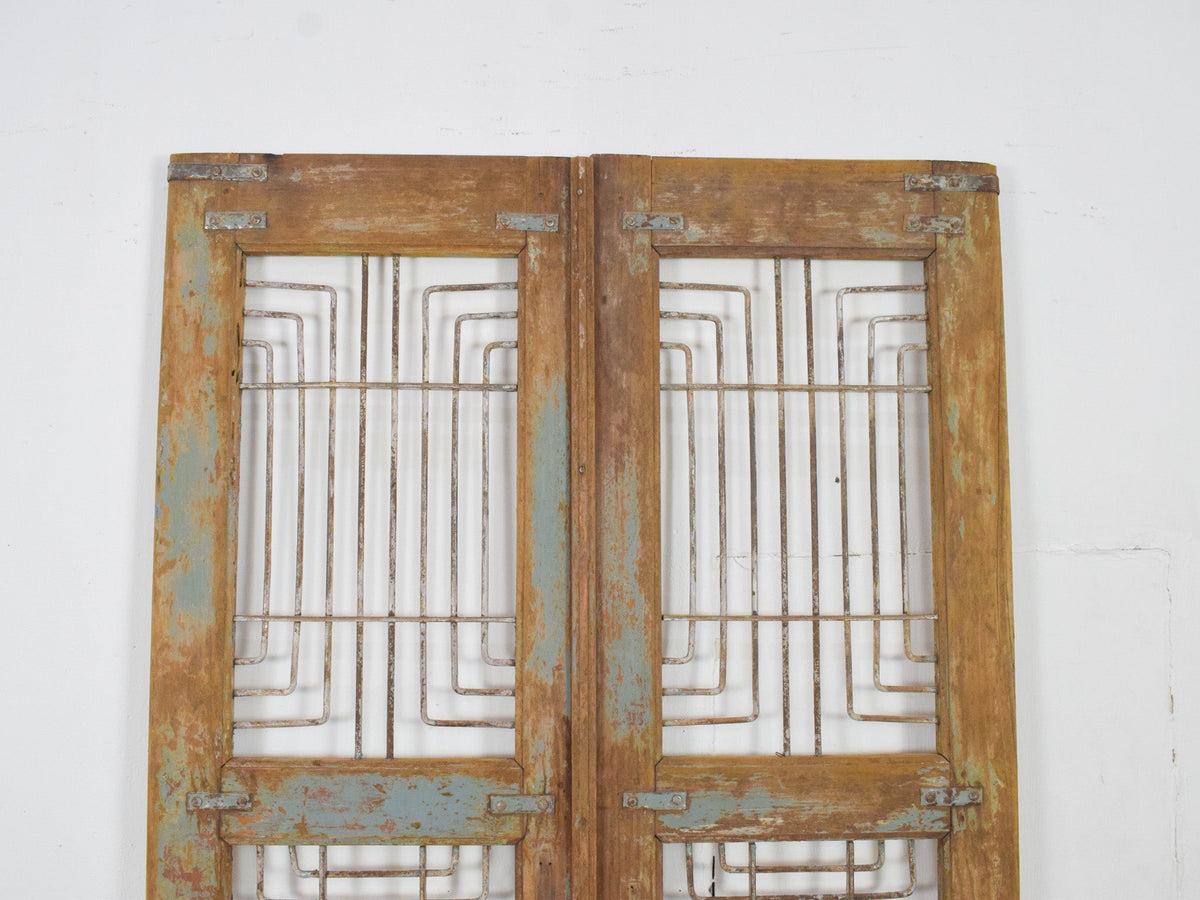Pair of XL Antique Vintage Indian Wooden Iron Jali Doors Shutters