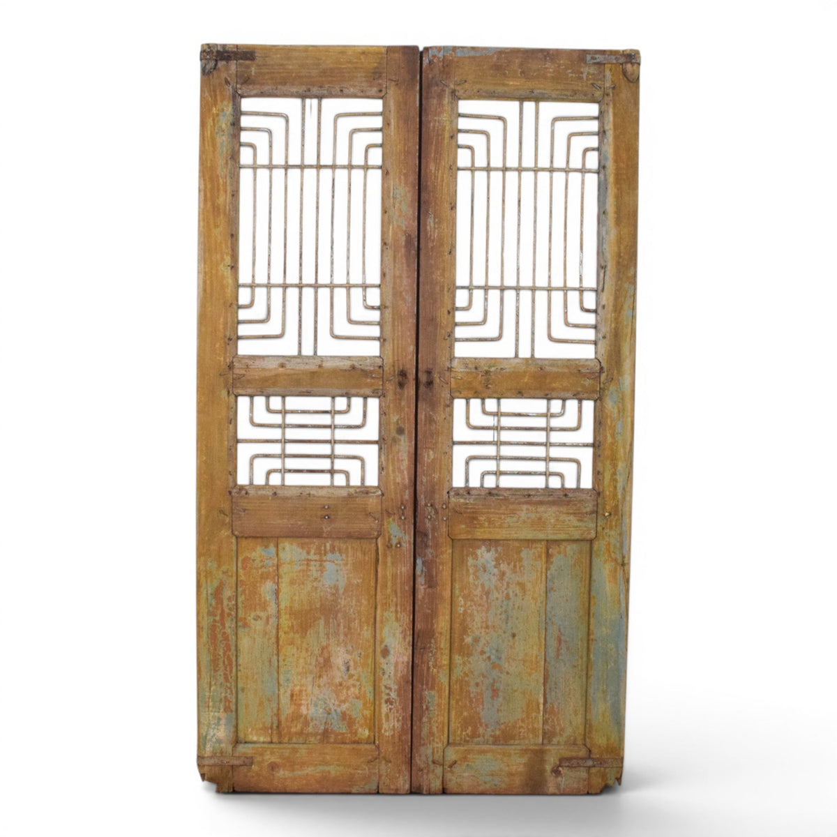 Pair of XL Antique Vintage Indian Wooden Iron Jali Doors Shutters