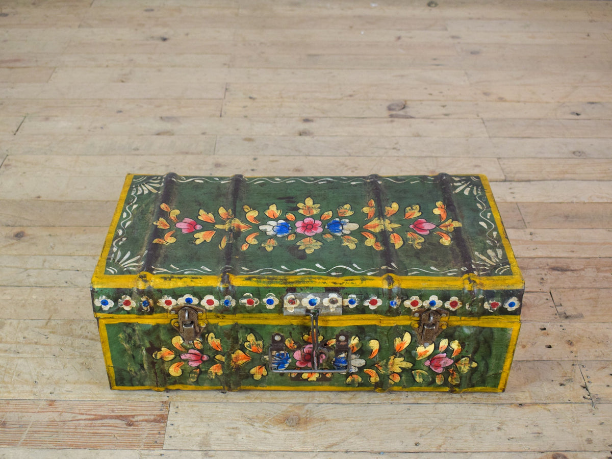 Vintage Indian Hand Painted Metal Travel Trunk Chest