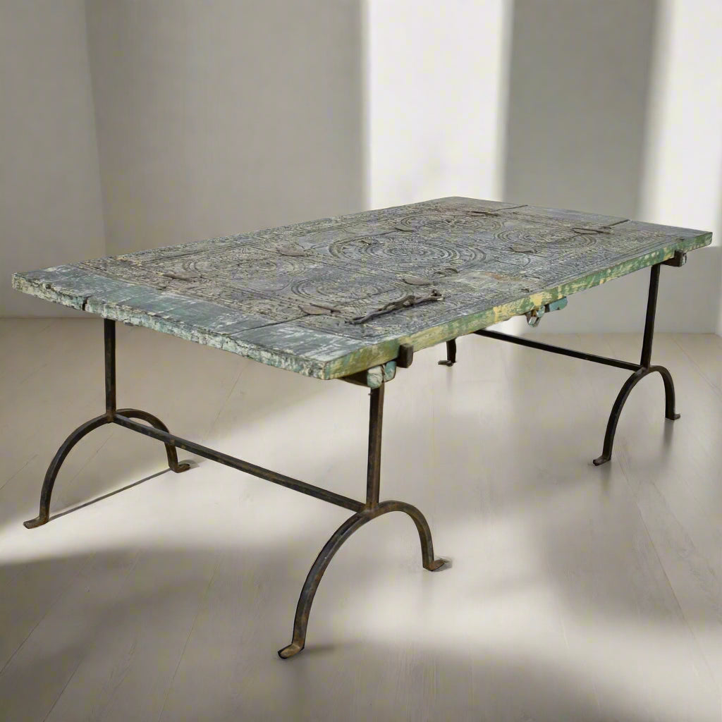 Antique Hand Carved Indian Door with Iron Trestles Coffee Table