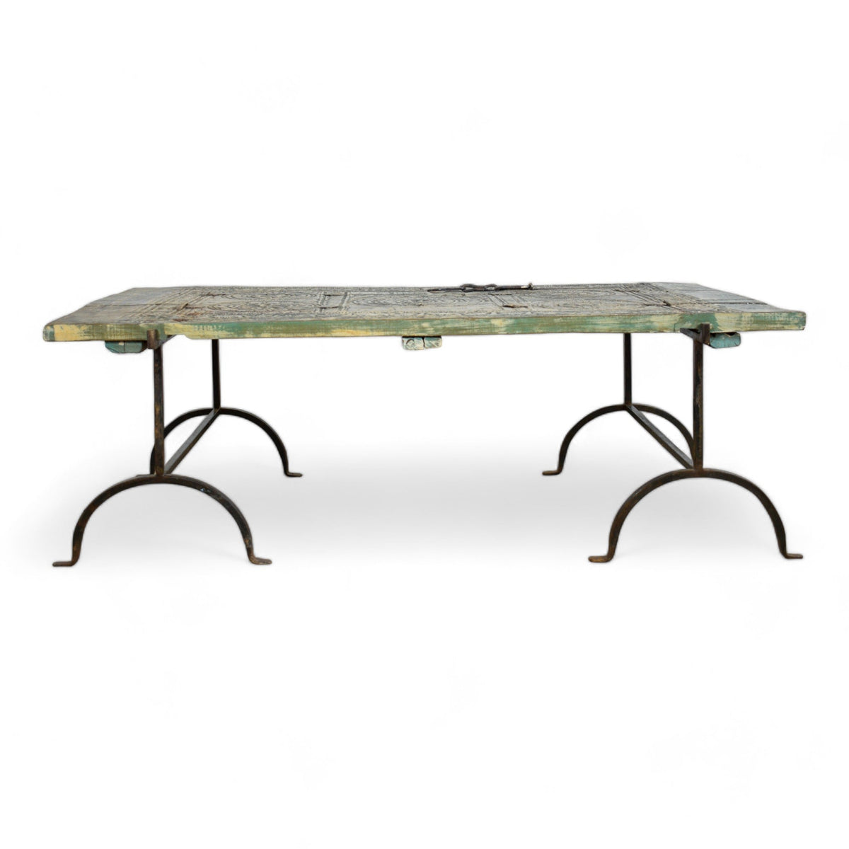 Antique Hand Carved Indian Door with Iron Trestles Coffee Table