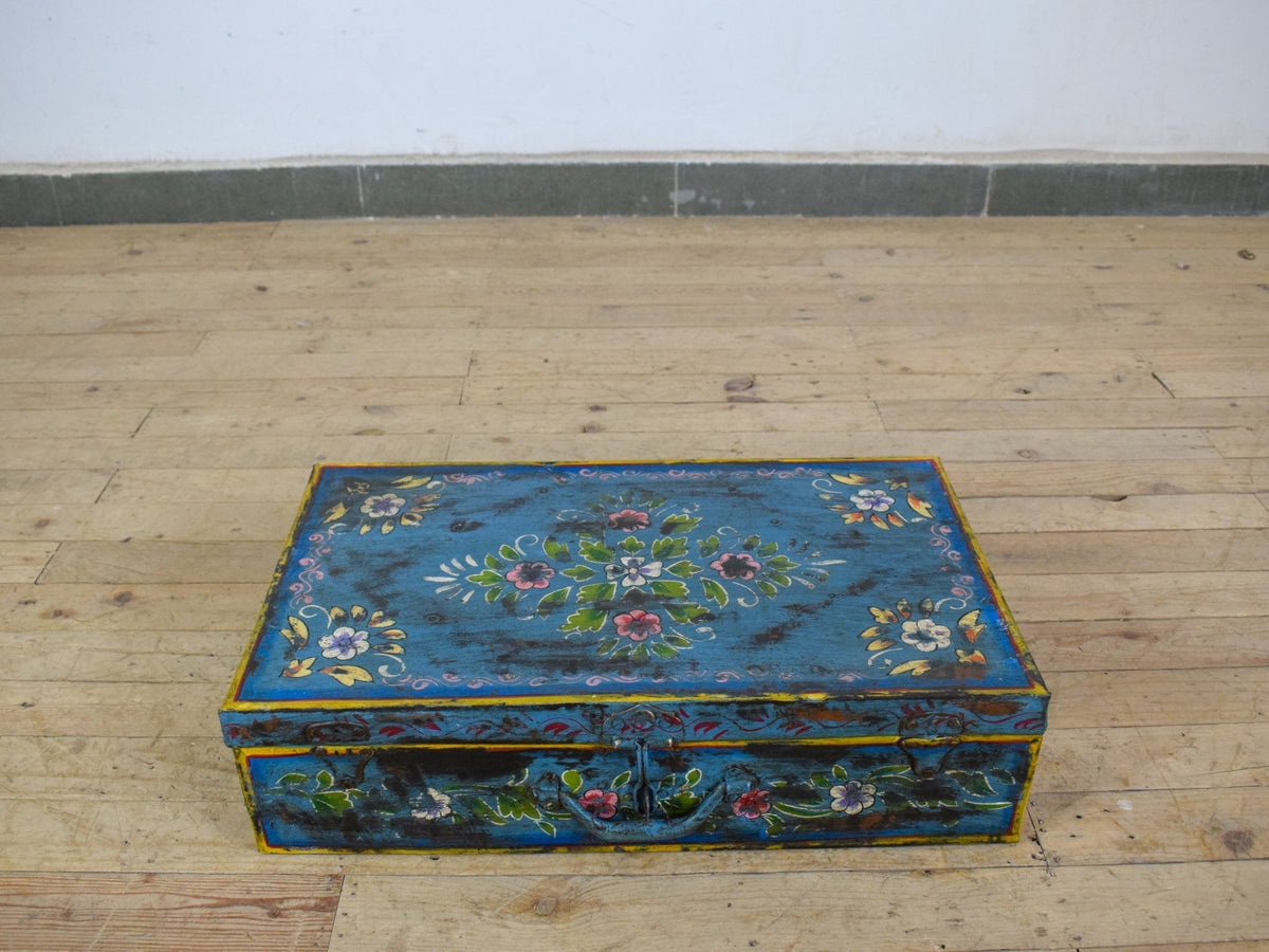 Vintage Indian Hand Painted Metal Travel Trunk Chest