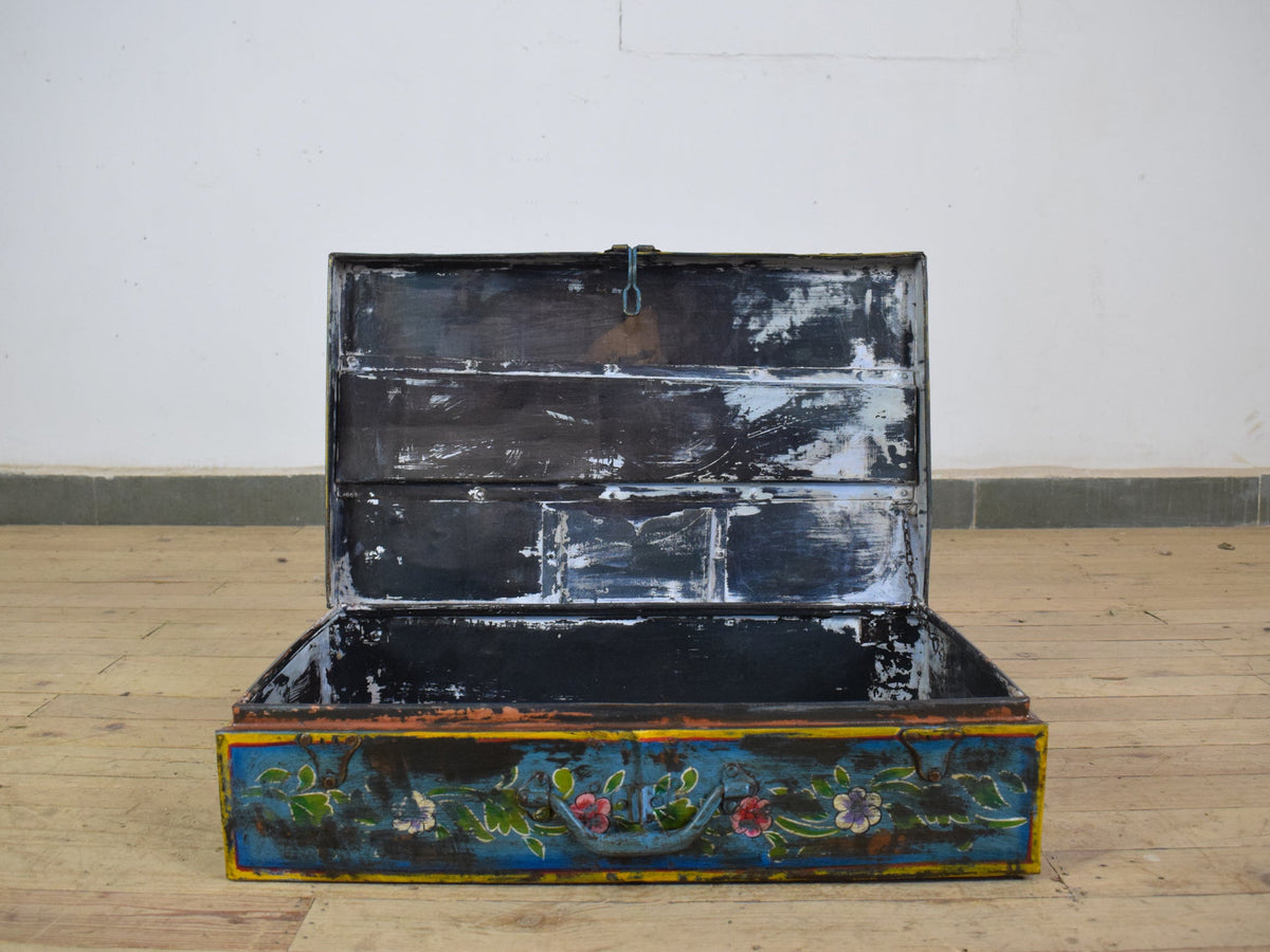 Vintage Indian Hand Painted Metal Travel Trunk Chest
