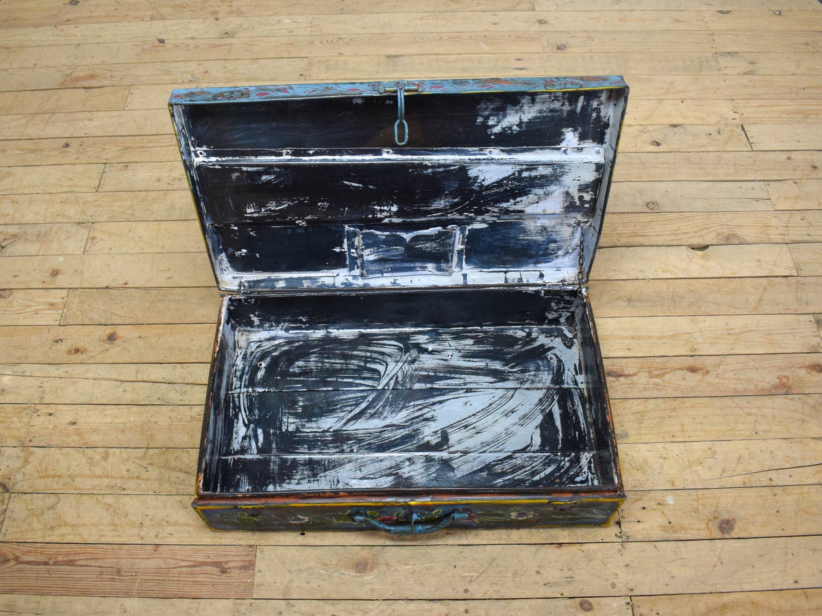 Vintage Indian Hand Painted Metal Travel Trunk Chest