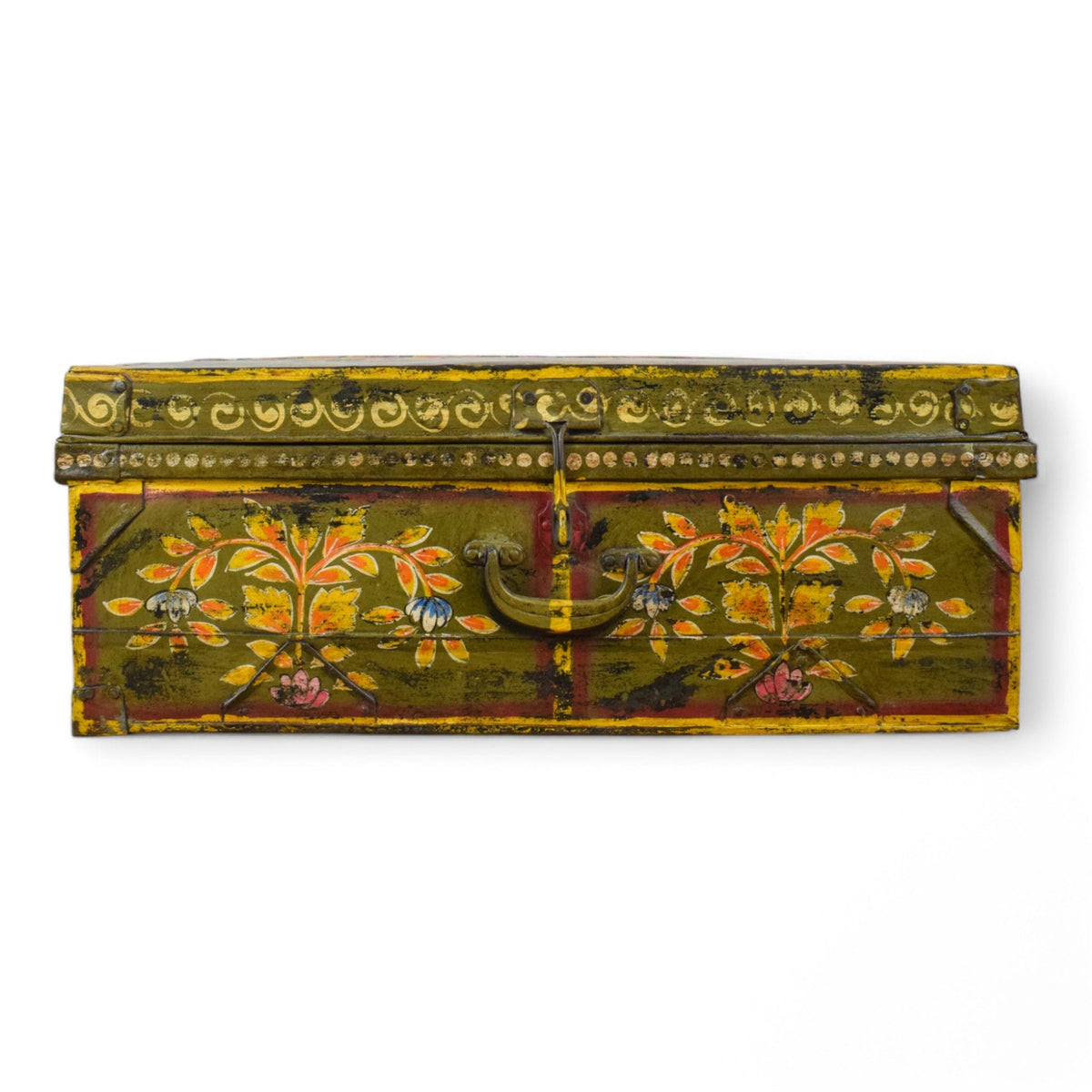 Vintage Indian Hand Painted Metal Travel Trunk Chest