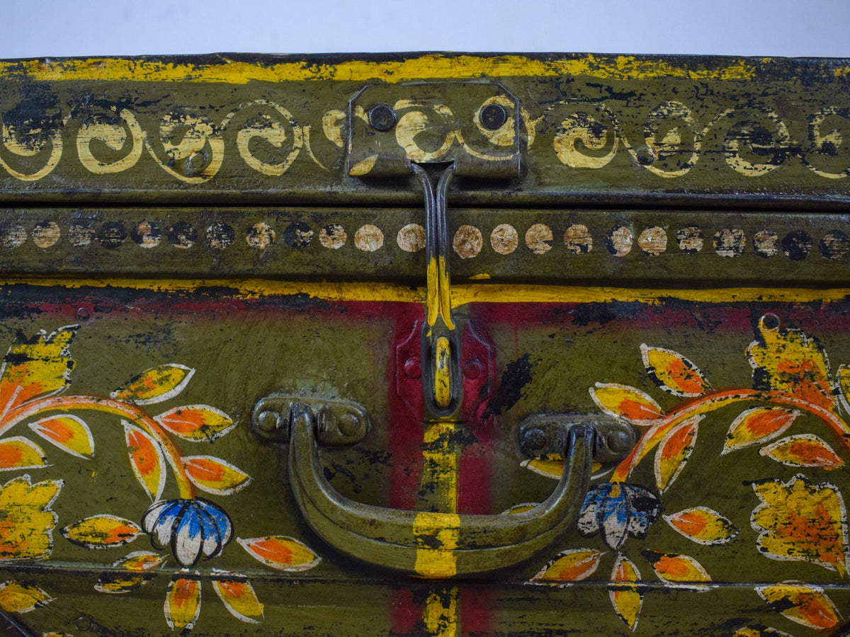 Vintage Indian Hand Painted Metal Travel Trunk Chest