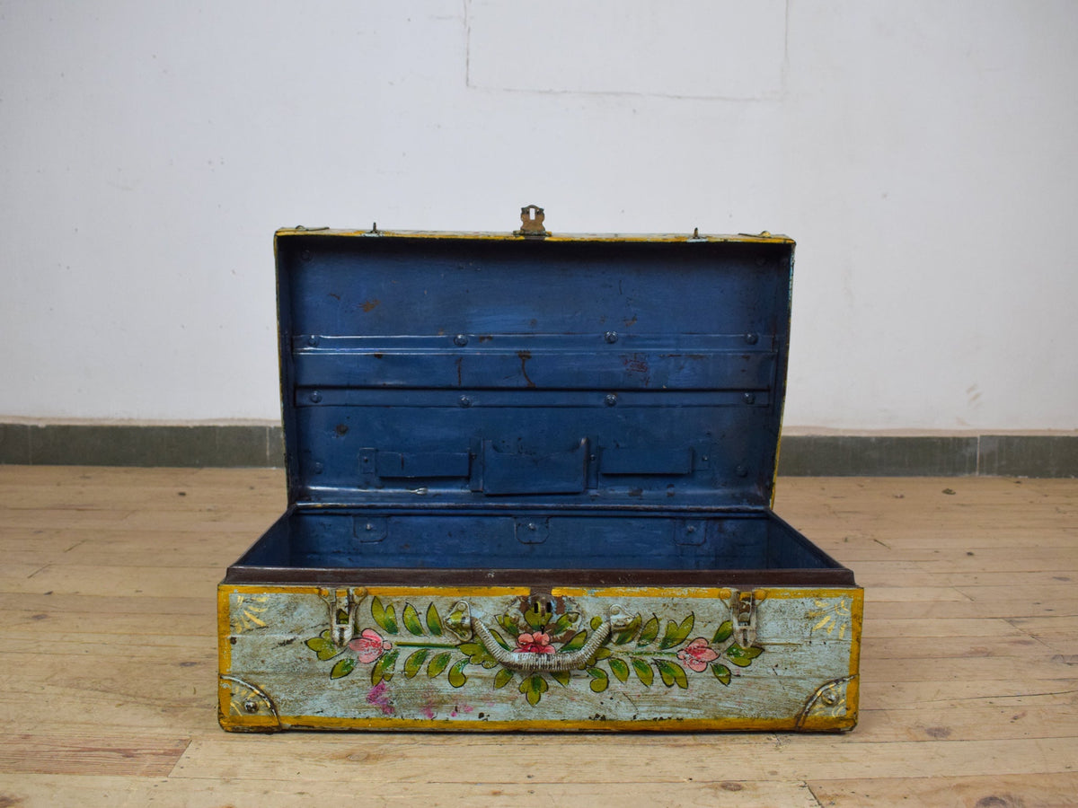Vintage Indian Hand Painted Metal Travel Trunk Chest