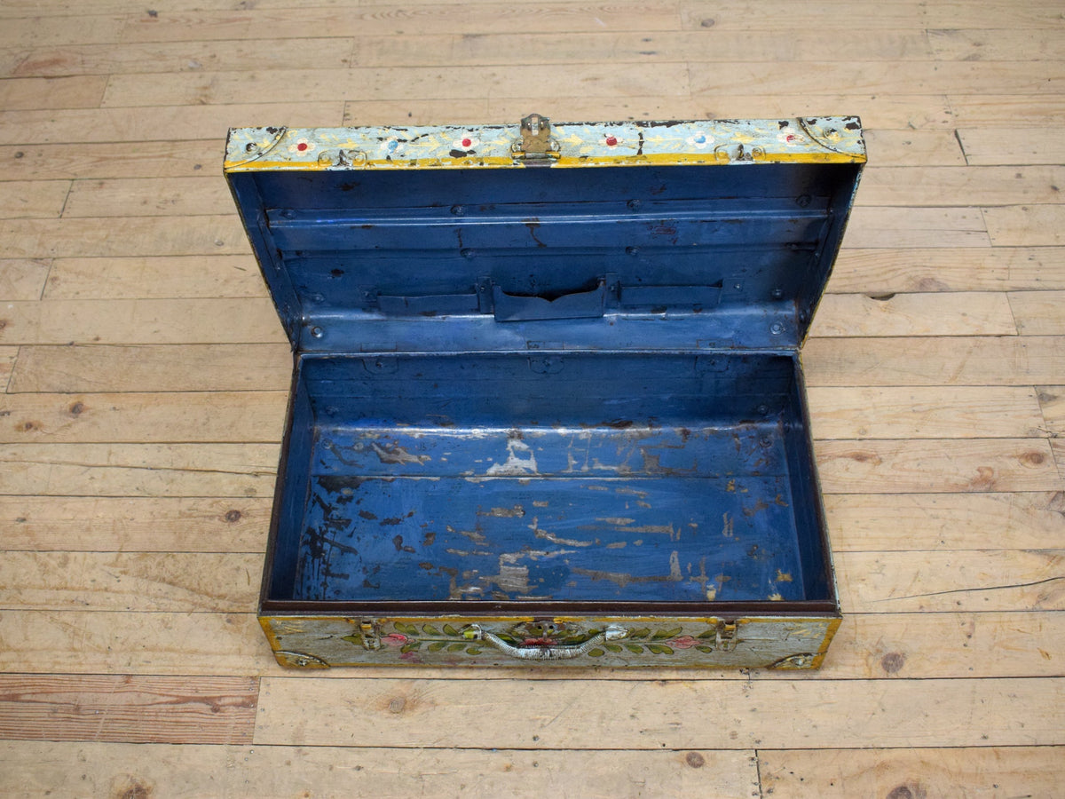 Vintage Indian Hand Painted Metal Travel Trunk Chest
