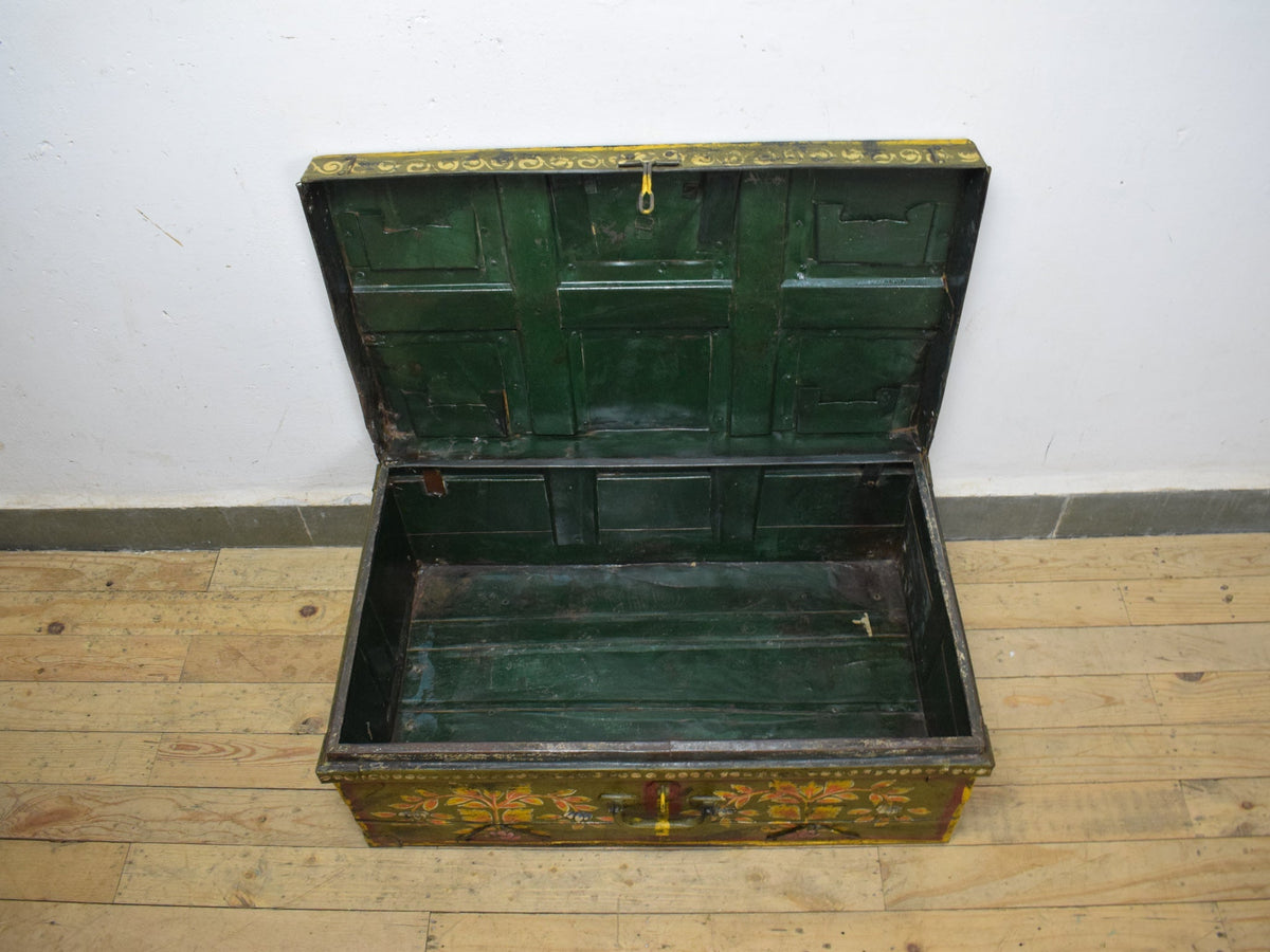 Vintage Indian Hand Painted Metal Travel Trunk Chest