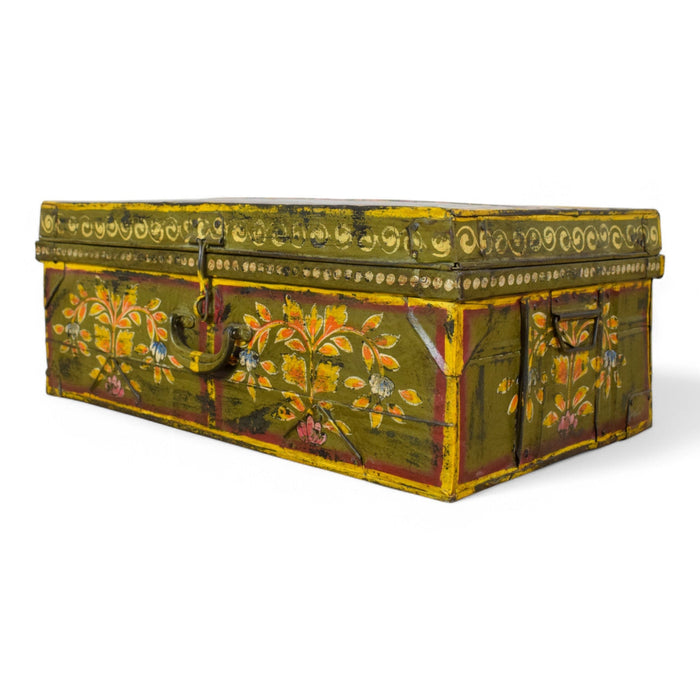 Vintage Indian Hand Painted Metal Travel Trunk Chest