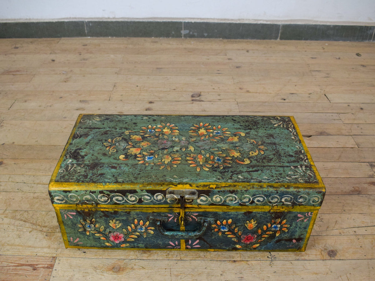 Vintage Indian Hand Painted Metal Travel Trunk Chest