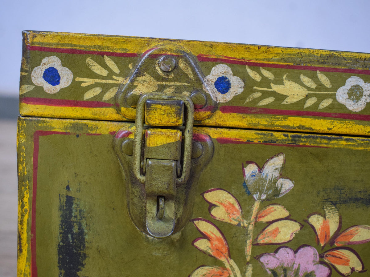 Vintage Indian Hand Painted Metal Travel Trunk Chest