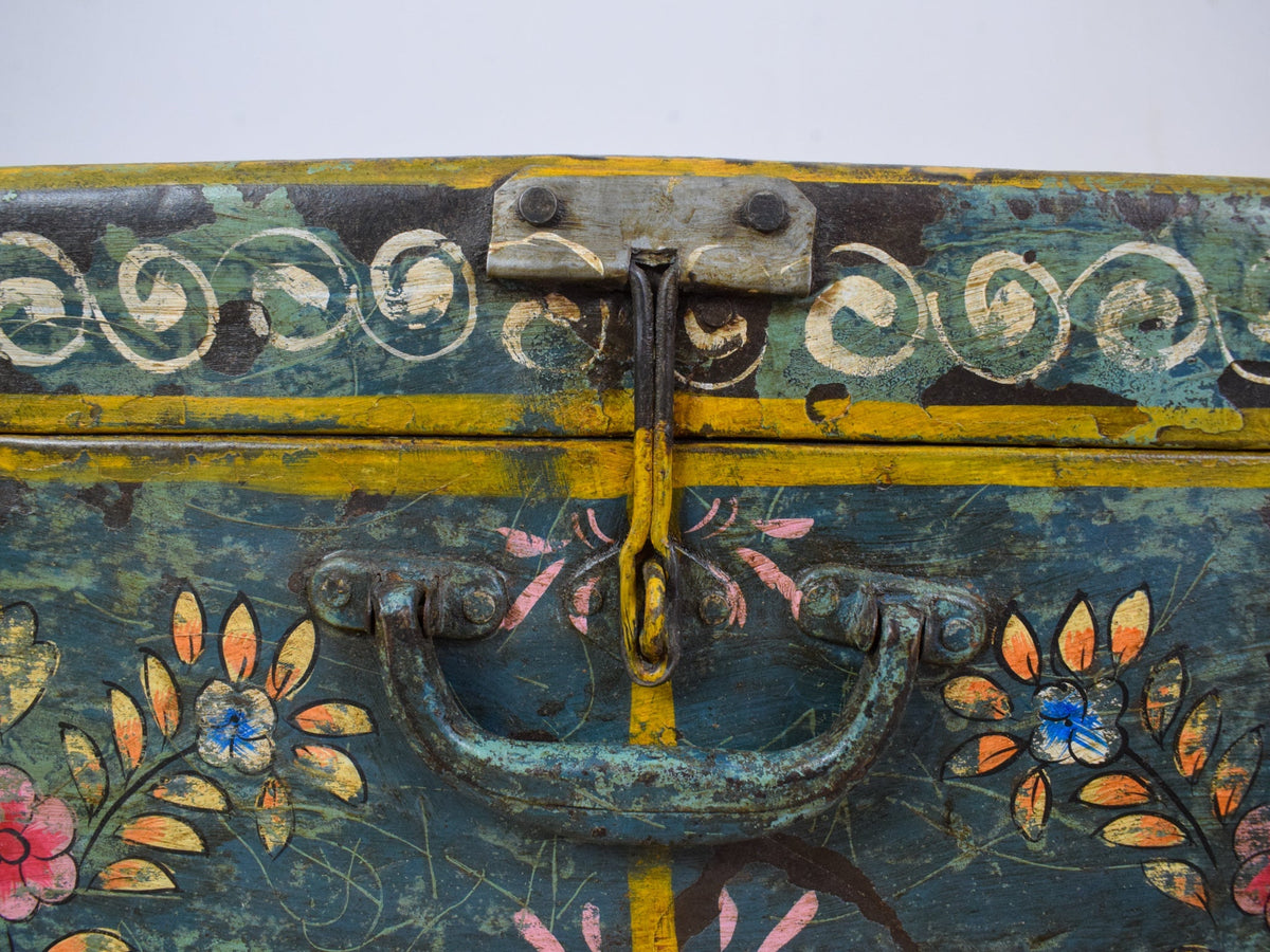 Vintage Indian Hand Painted Metal Travel Trunk Chest