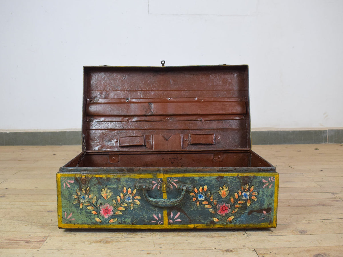 Vintage Indian Hand Painted Metal Travel Trunk Chest