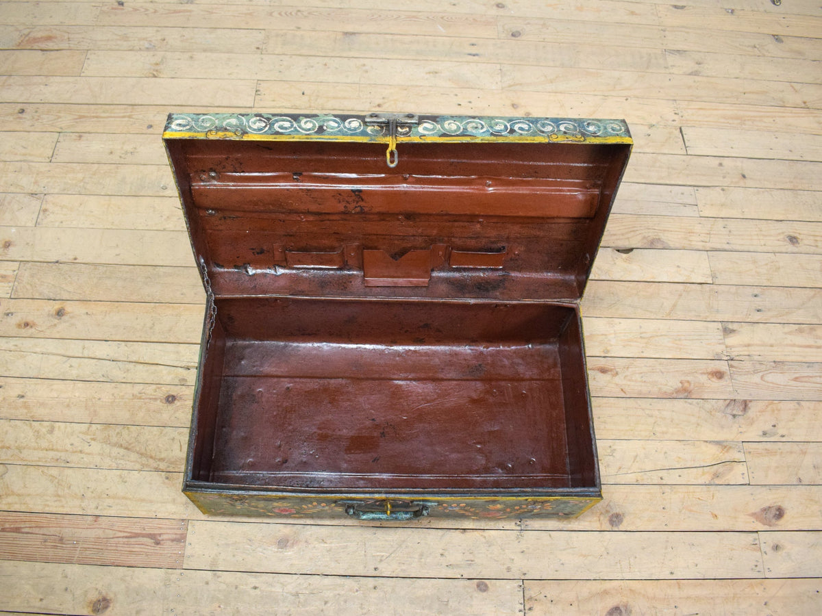 Vintage Indian Hand Painted Metal Travel Trunk Chest