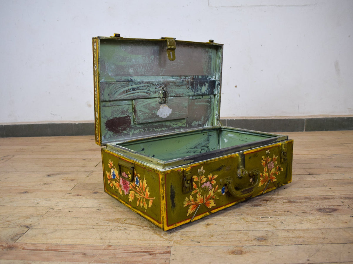 Vintage Indian Hand Painted Metal Travel Trunk Chest