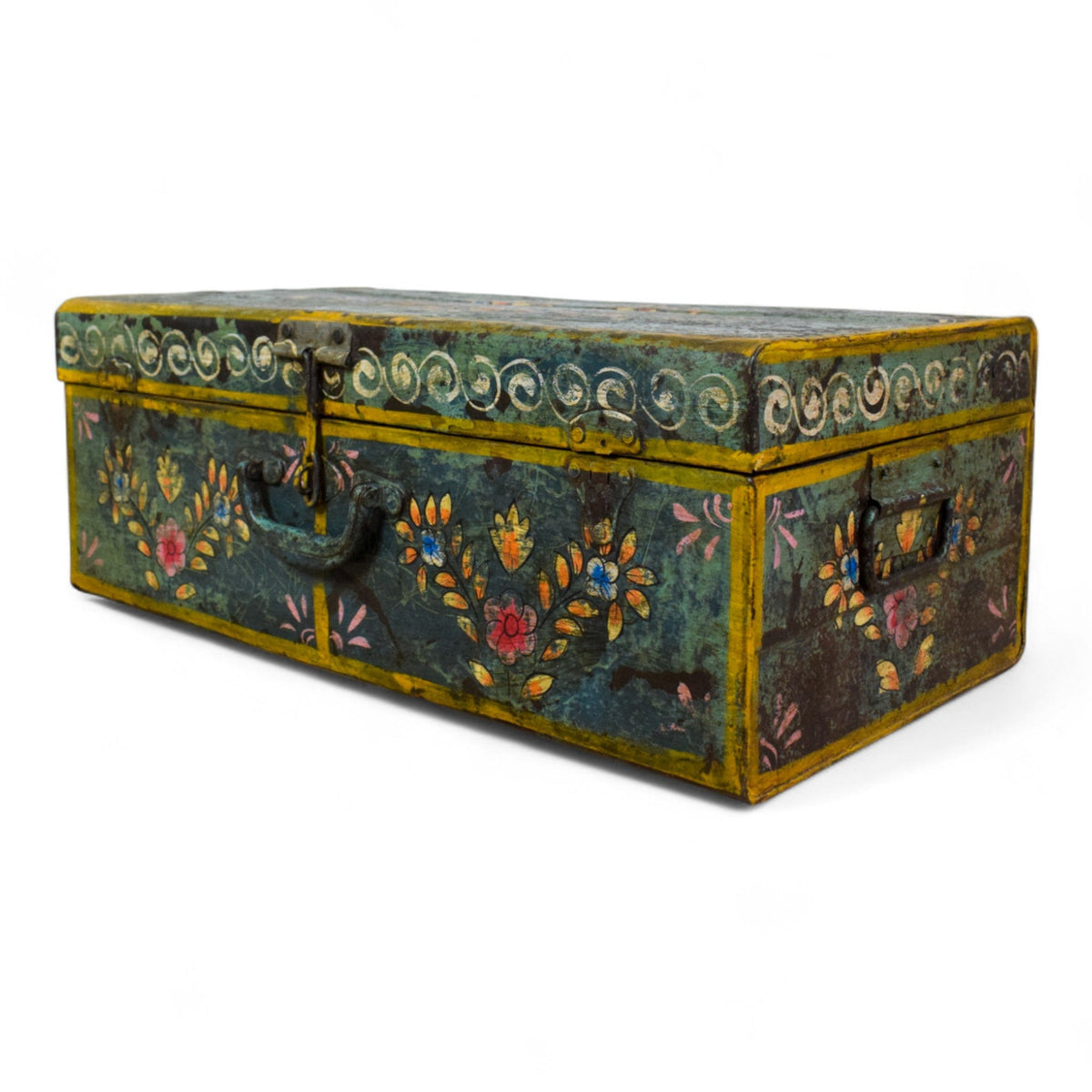 Vintage Indian Hand Painted Metal Travel Trunk Chest