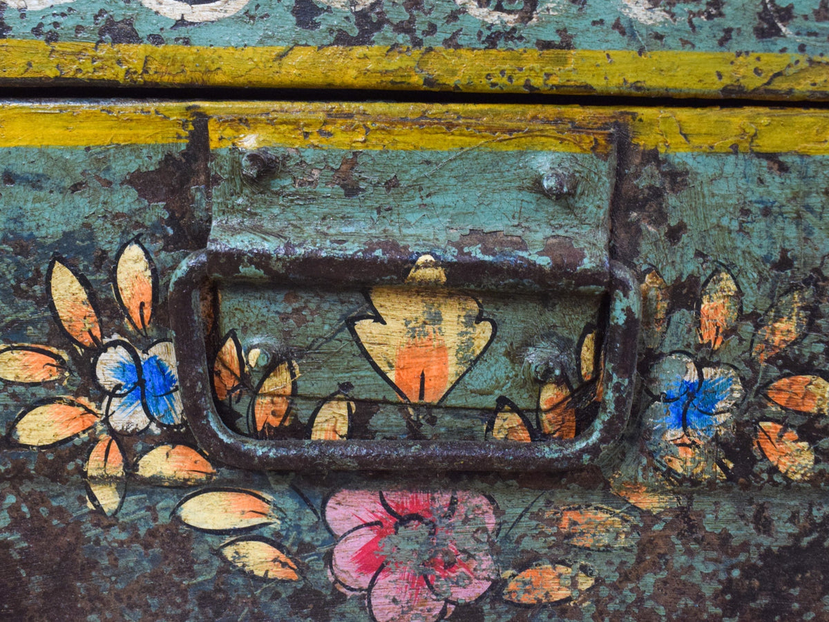 Vintage Indian Hand Painted Metal Travel Trunk Chest