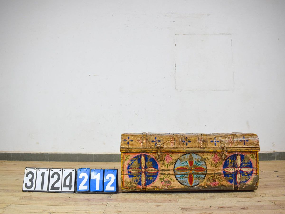 Vintage Indian Hand Painted Metal Travel Trunk Chest Coffee Table