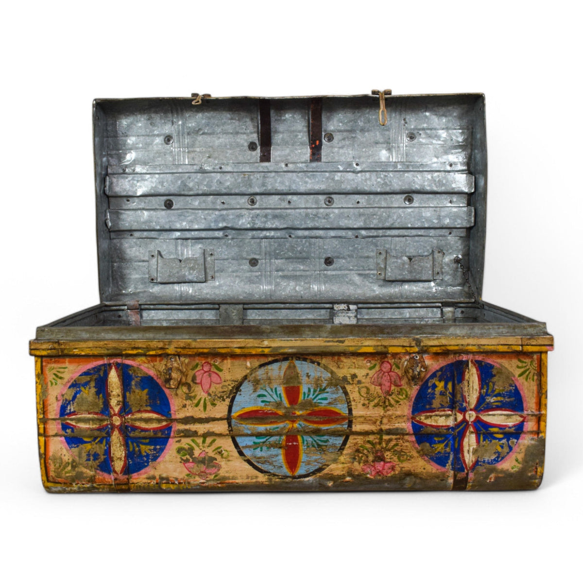Vintage Indian Hand Painted Metal Travel Trunk Chest Coffee Table
