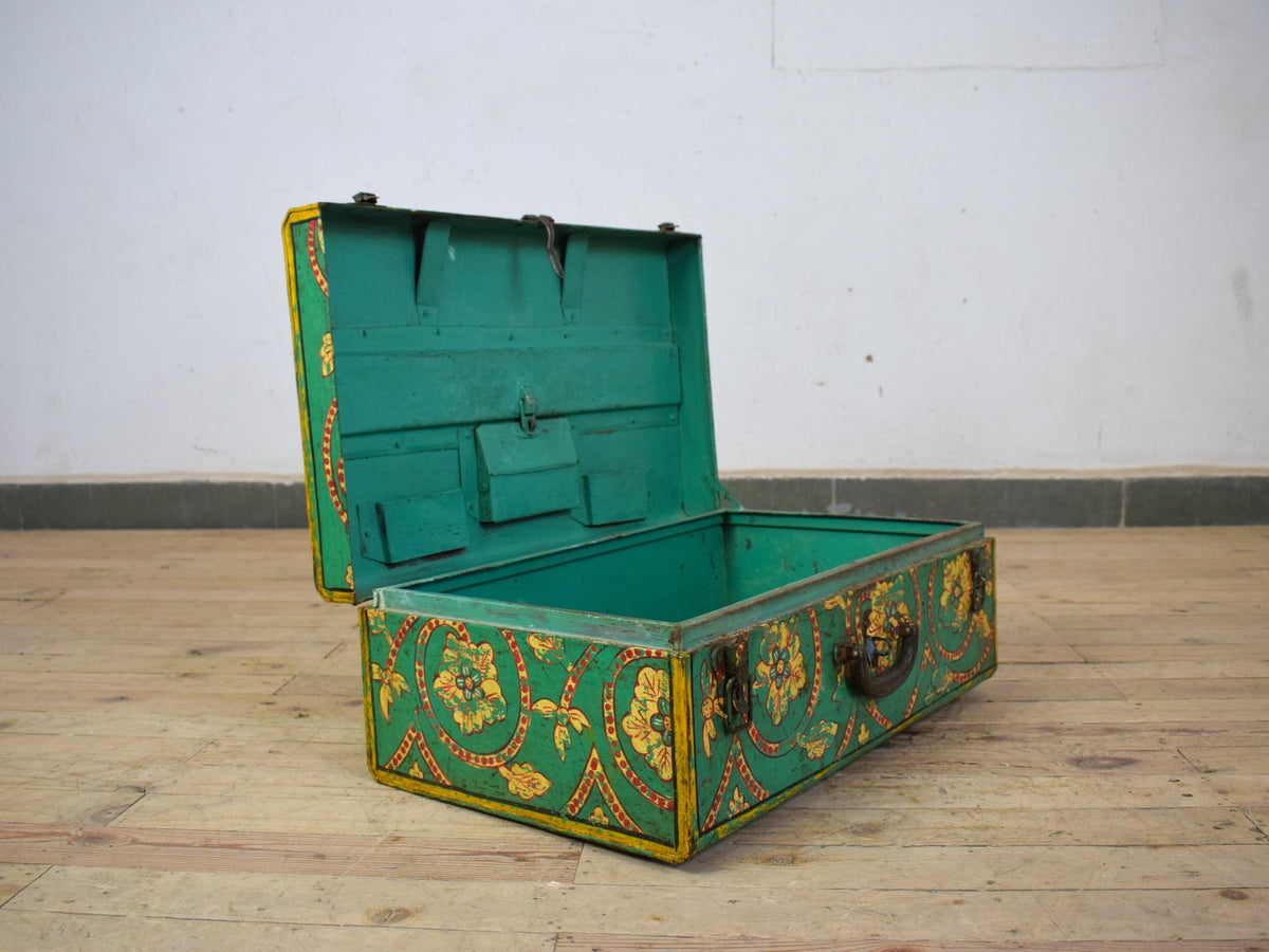Vintage Indian Hand Painted Metal Travel Trunk Chest