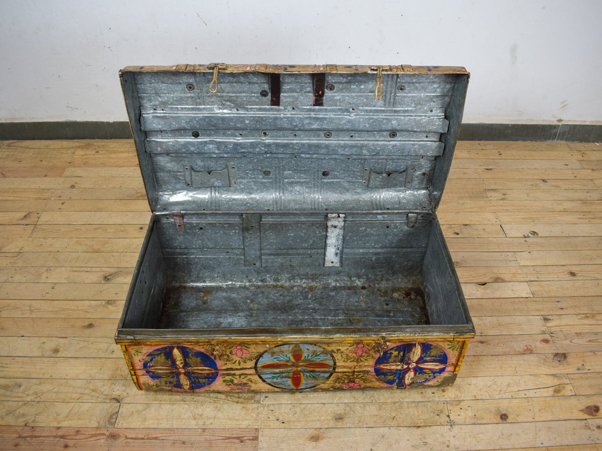 Vintage Indian Hand Painted Metal Travel Trunk Chest Coffee Table