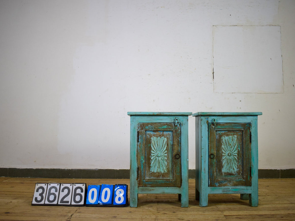 Vintage Reclaimed Carved Wood Pair of Bed Side Cabinet Cupboard