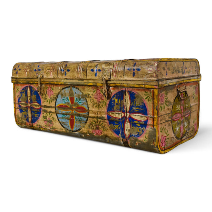 Vintage Indian Hand Painted Metal Travel Trunk Chest Coffee Table