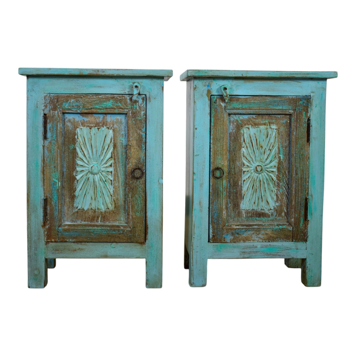 Vintage Reclaimed Carved Wood Pair of Bed Side Cabinet Cupboard