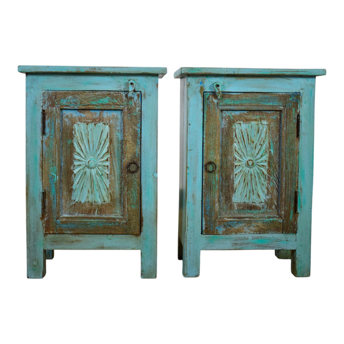 Vintage Reclaimed Carved Wood Pair of Bed Side Cabinet Cupboard