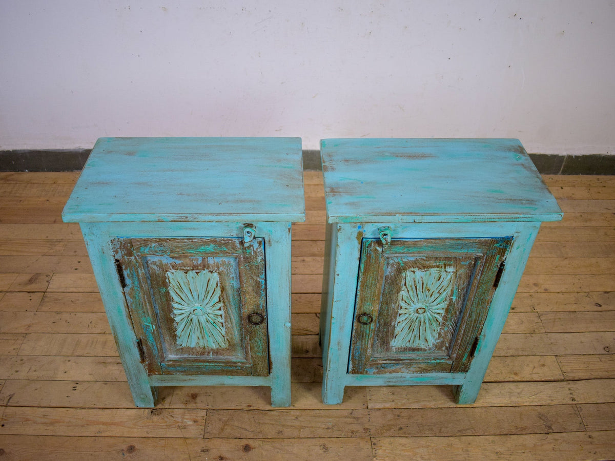 Vintage Reclaimed Carved Wood Pair of Bed Side Cabinet Cupboard