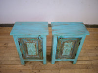 Vintage Reclaimed Carved Wood Pair of Bed Side Cabinet Cupboard