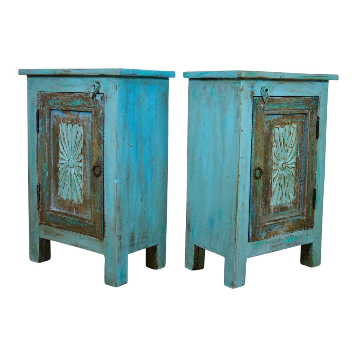 Vintage Reclaimed Carved Wood Pair of Bed Side Cabinet Cupboard
