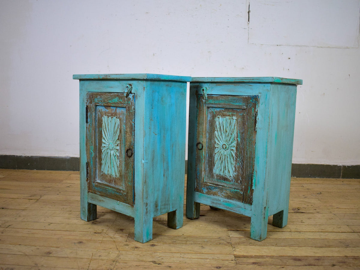 Vintage Reclaimed Carved Wood Pair of Bed Side Cabinet Cupboard
