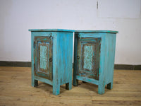 Vintage Reclaimed Carved Wood Pair of Bed Side Cabinet Cupboard