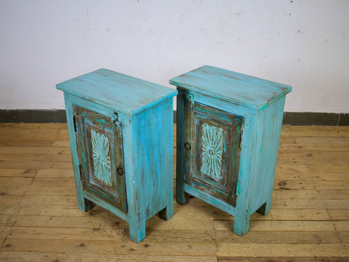Vintage Reclaimed Carved Wood Pair of Bed Side Cabinet Cupboard