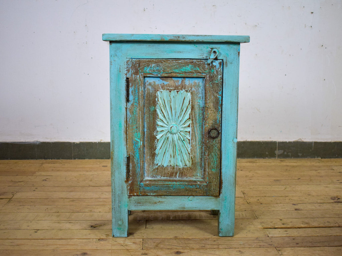 Vintage Reclaimed Carved Wood Pair of Bed Side Cabinet Cupboard