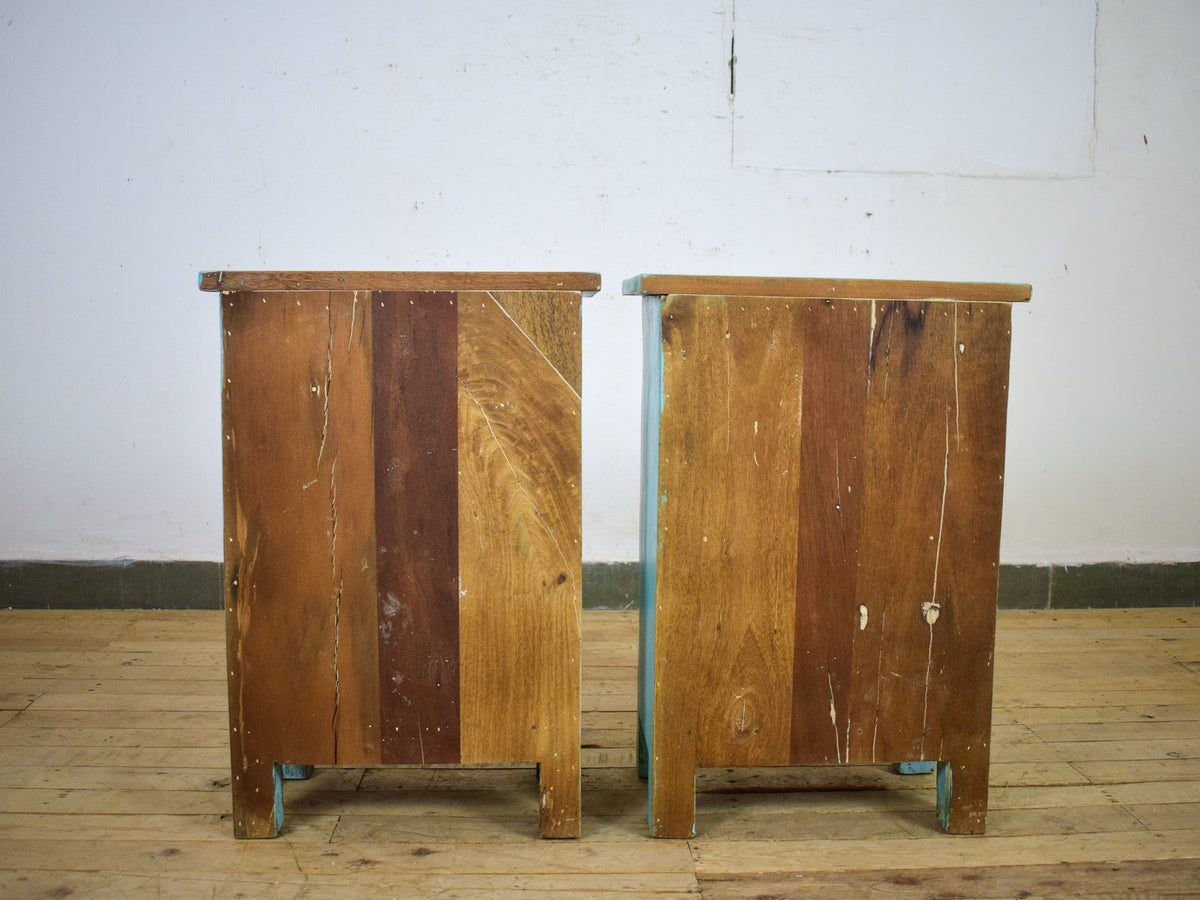 Vintage Reclaimed Carved Wood Pair of Bed Side Cabinet Cupboard