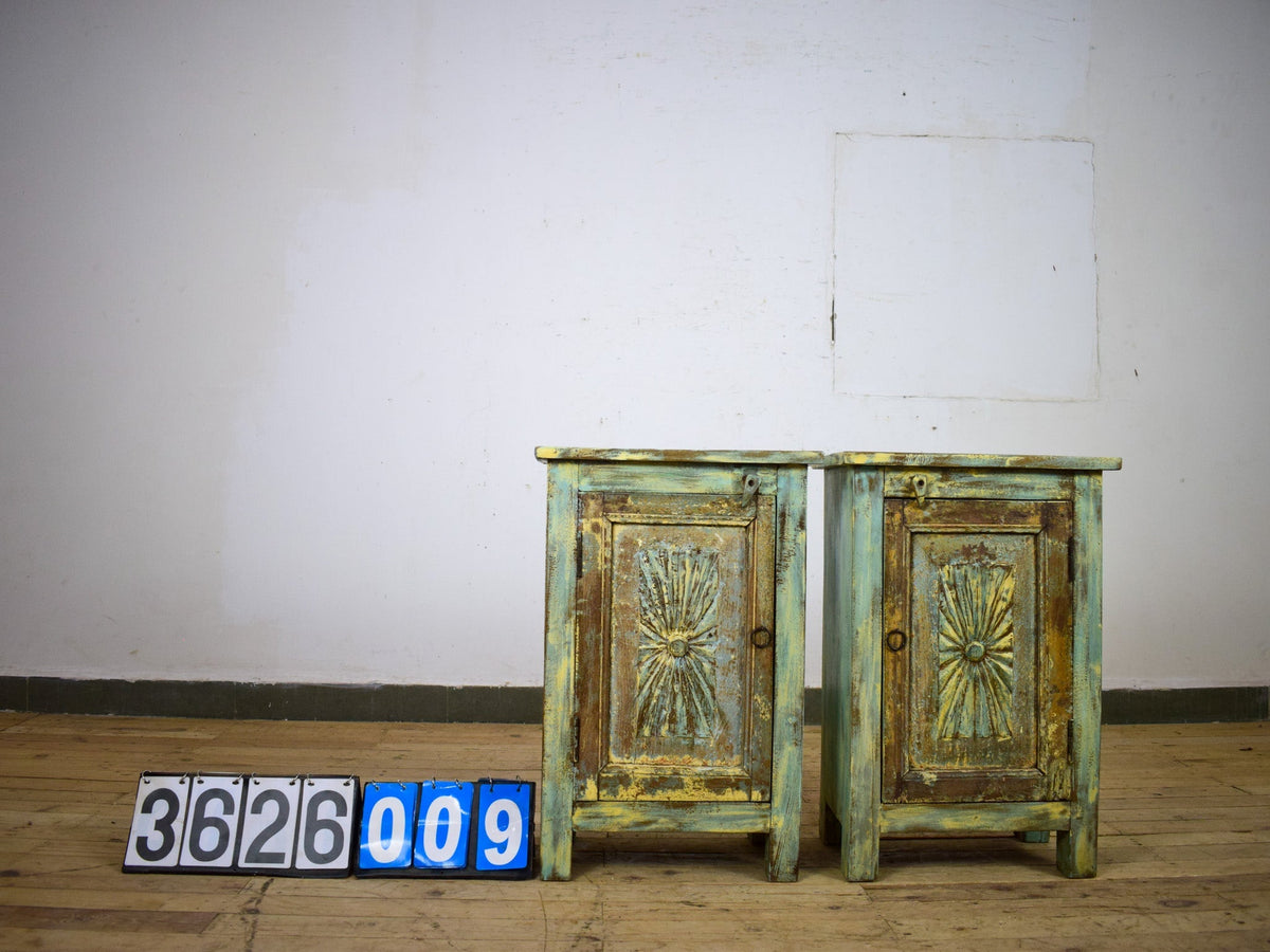 Vintage Reclaimed Carved Wood Pair of Bed Side Cabinet Cupboard