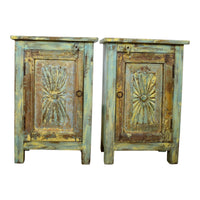Vintage Reclaimed Carved Wood Pair of Bed Side Cabinet Cupboard