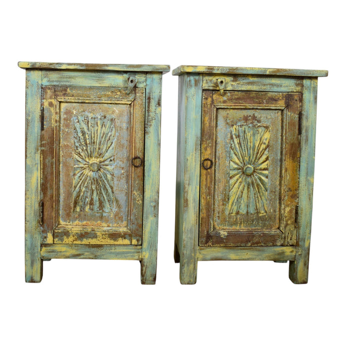Vintage Reclaimed Carved Wood Pair of Bed Side Cabinet Cupboard