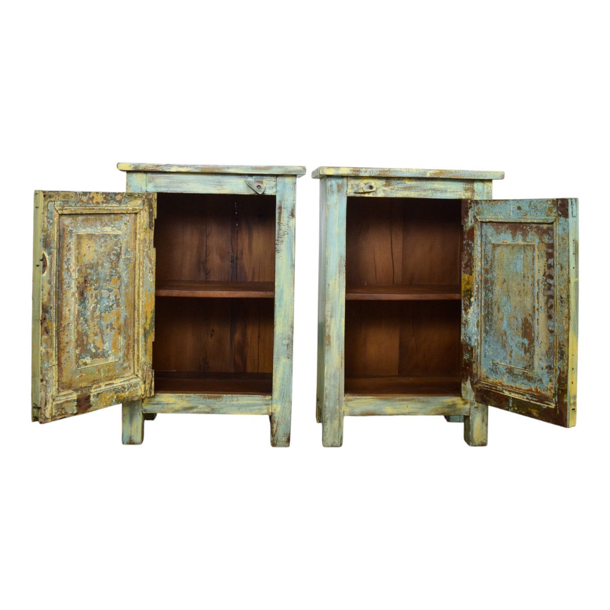 Vintage Reclaimed Carved Wood Pair of Bed Side Cabinet Cupboard